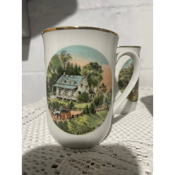 Vintage Set of 4 Currier and Ives Seasons Cups Mugs Winter Autumn Spring Summer - Picture 7 of 10